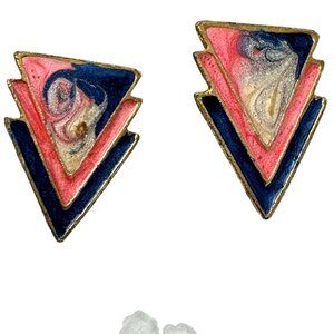 Vintage 80s Enamel Deco Revival Stacked Triangle Earrings Pink Blue Swirl & Gold